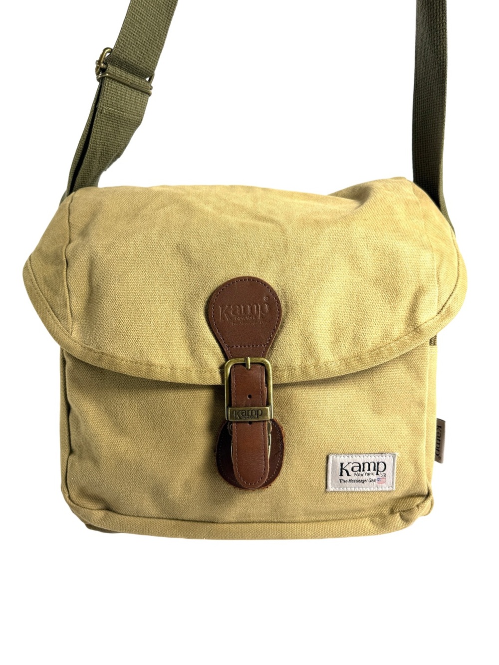 Kamp Canvas Messenger Bag in Khaki with Brown Leather Trim